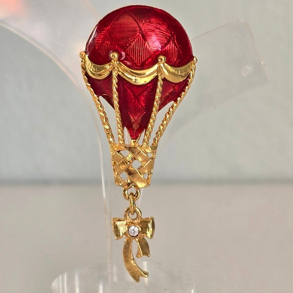 Vintage Avon Pin Red Enamel Balloon Gold Tone Bow Rhinestone Tail Whimsical
